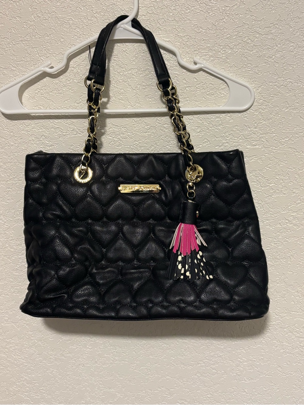 Betsey Johnson Black Quilted Heart Tote with Pink Tassel